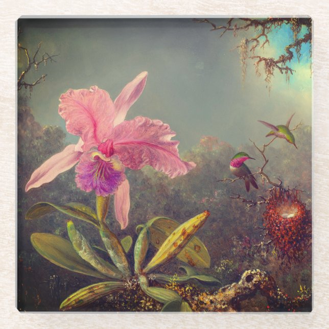 Cattleya Orchid und Three Hummingbirds Heade Glasuntersetzer (Vorderseite)