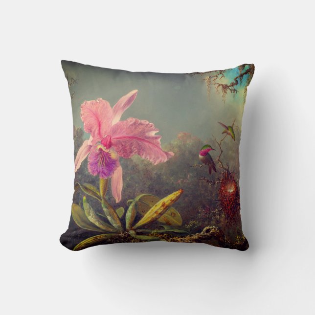 Cattleya Orchid und Three Hummingbirds Heade Kissen (Vorderseite)