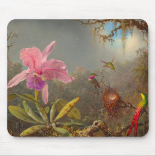 Cattleya Orchid und Three Hummingbirds Heade Mousepad