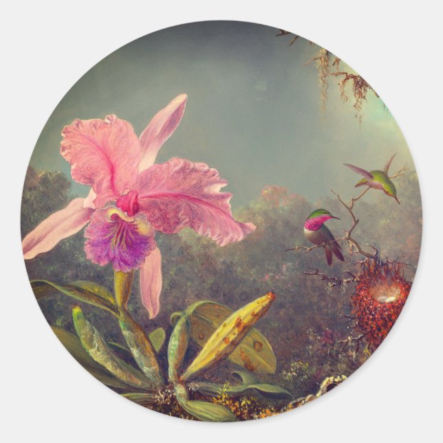 Cattleya Orchid und Three Hummingbirds Heade Runder Aufkleber (Vorderseite)