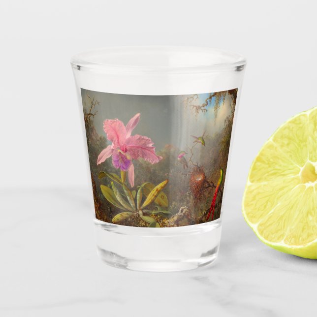 Cattleya Orchid und Three Hummingbirds Heade Schnapsglas (Vorderseite)