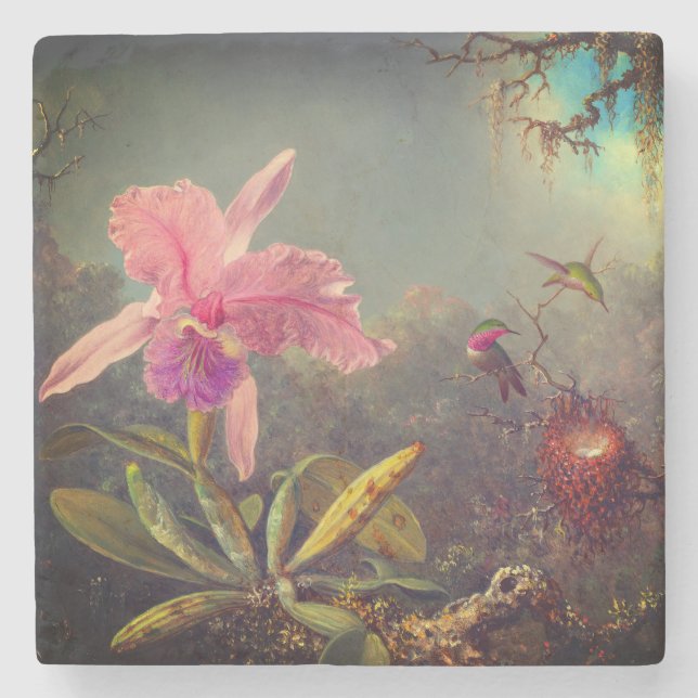 Cattleya Orchid und Three Hummingbirds Heade Steinuntersetzer (Vorderseite)