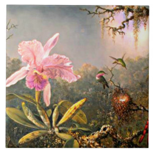 Cattleya-Orchidee und drei Kolibris Fliese