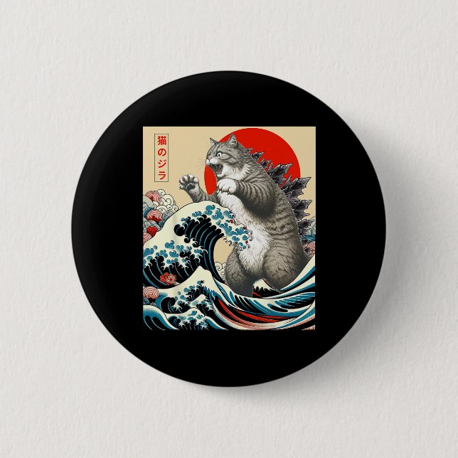 Catzilla Cat Japanisch Kunst Funny Cat Geschenke f Button (Vorderseite)