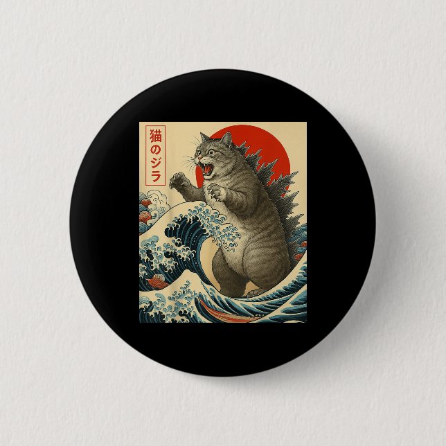Catzilla Cat Japanisch Kunst Funny Cat Geschenke f Button (Vorderseite)