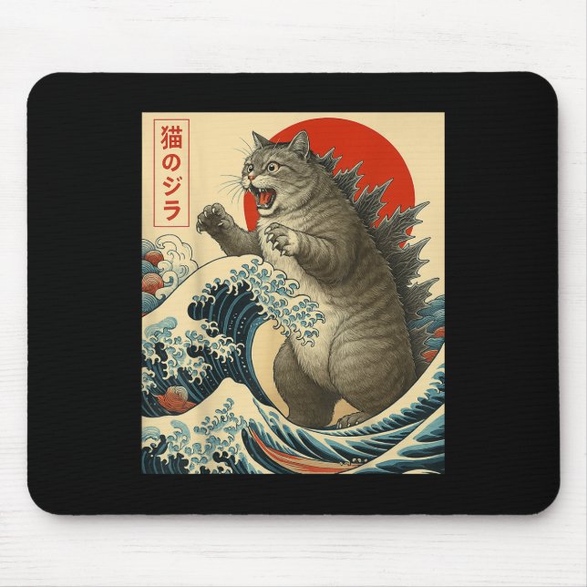 Catzilla Cat Japanisch Kunst Funny Cat Geschenke f Mousepad (Vorne)