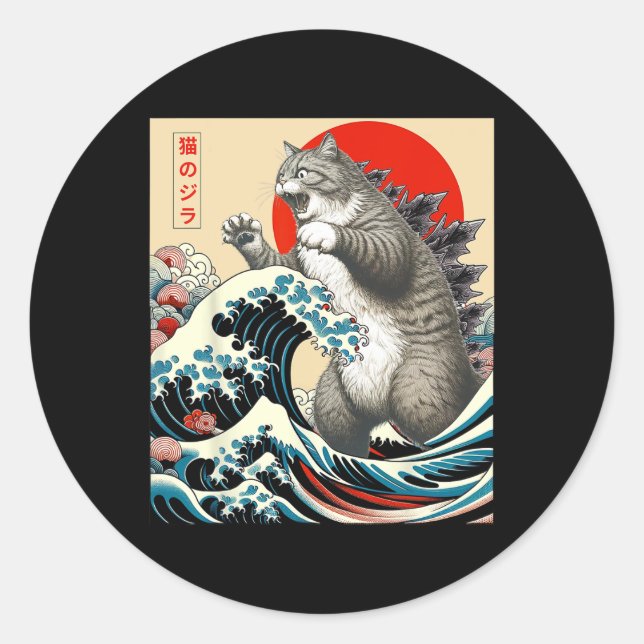 Catzilla Cat Japanisch Kunst Funny Cat Geschenke f Runder Aufkleber (Vorderseite)