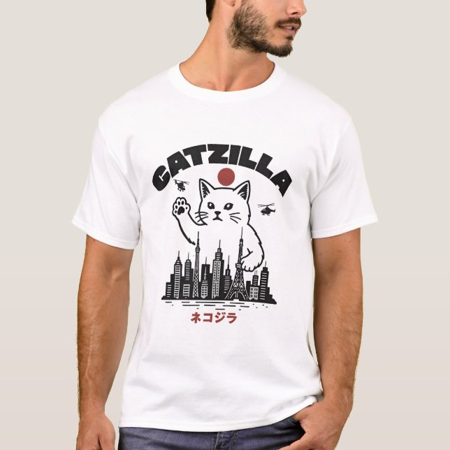 Catzilla - Funny Cat Godzilla Parody T-Shirt (Vorderseite)