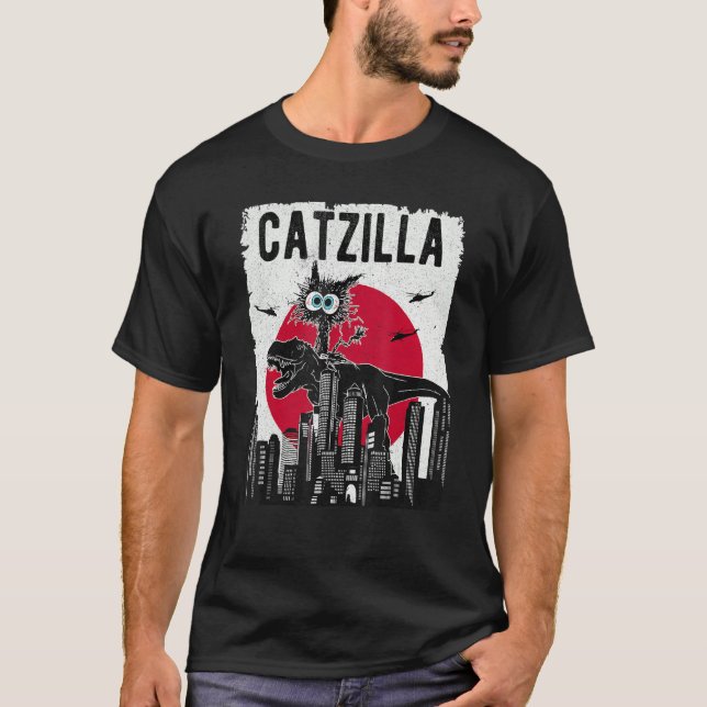 Catzilla Funny Retro Cat Kitten Riding T.Rex Lover T-Shirt (Vorderseite)