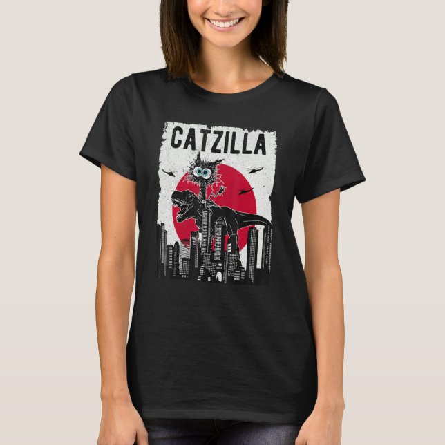 Catzilla Funny Retro Cat Kitten Riding T.Rex Lover T-Shirt (Vorderseite)