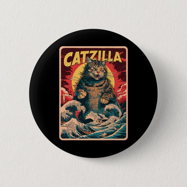 Catzilla Japanese Art Funny Cat Vintag Graphic Button (Vorderseite)