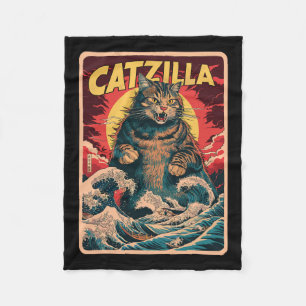 Catzilla Japanese Art Funny Cat Vintag Graphic Fleecedecke