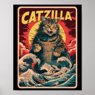 Catzilla Japanese Art Funny Cat Vintag Graphic Poster