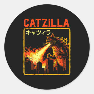 Catzilla Katzenmonster Lustige Japanische Parodie Runder Aufkleber