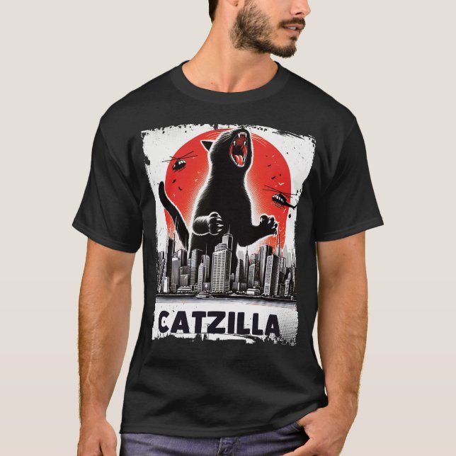 Catzilla Roaring über City Skyline Cat Monster T-Shirt (Vorderseite)