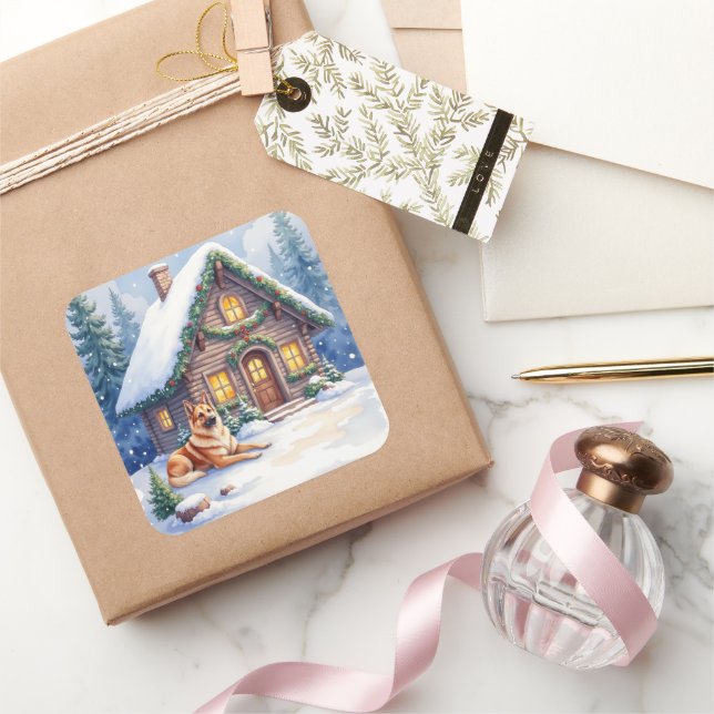 Caucasian Shepherd Dog Mountain Cabin Christmas Quadratischer Aufkleber (Schenken)