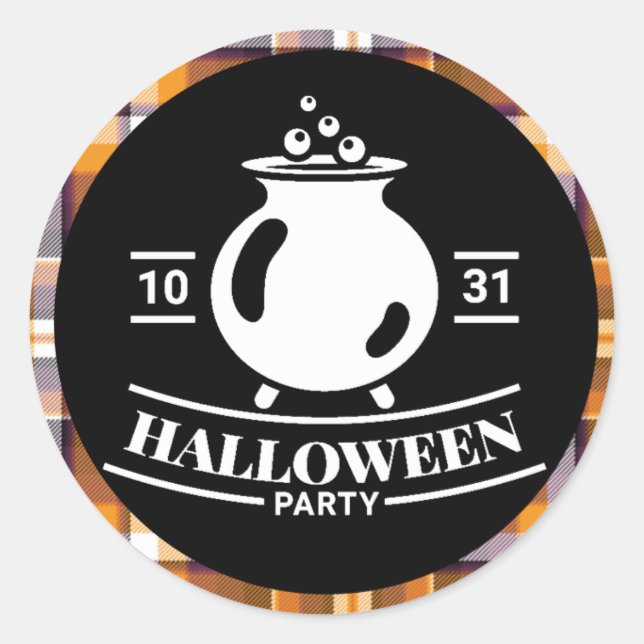 Cauldron Halloween-Party Schwarz/Orange Kariert Runder Aufkleber (Vorderseite)