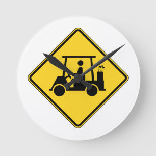 Caution Golf Cart Sign Runde Wanduhr