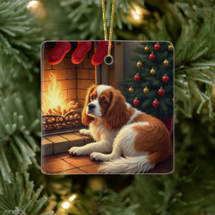 Cavalier King Charles am Kamin Weihnachten Keramikornament