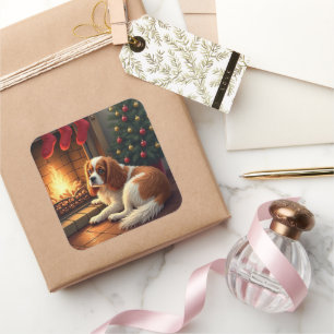 Cavalier King Charles am Kamin Weihnachten Quadratischer Aufkleber