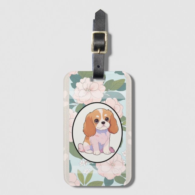 Cavalier King Charles Blume Hintergrund Gepäckanhänger (Vorderseite Vertikal)