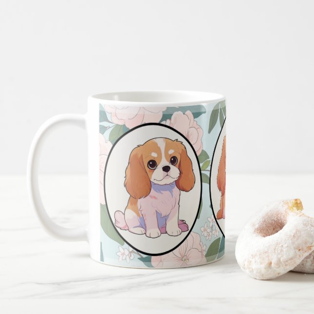Cavalier King Charles Blume Hintergrund Kaffeetasse (Mit Donut)