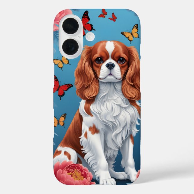 Cavalier King Charles Pastel Blume & Butterflies iPhone 16 Hülle (Rückseite)