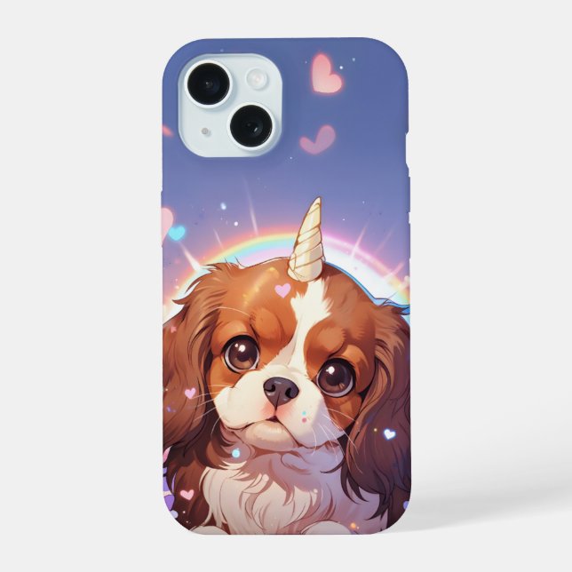 Cavalier King Charles Pastel Unicorn Rainbow sky iPhone 15 Hülle (Rückseite)