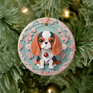 Cavalier King Charles Pink Blume Papier schneiden Keramik Ornament
