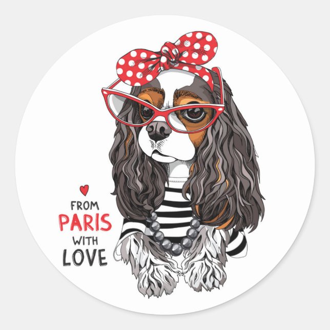 Cavalier King Charles Spaniel aus Paris mit Liebe Runder Aufkleber (Vorderseite)