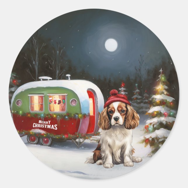 Cavalier King Charles Spaniel Caravan Weihnachten Runder Aufkleber (Vorderseite)