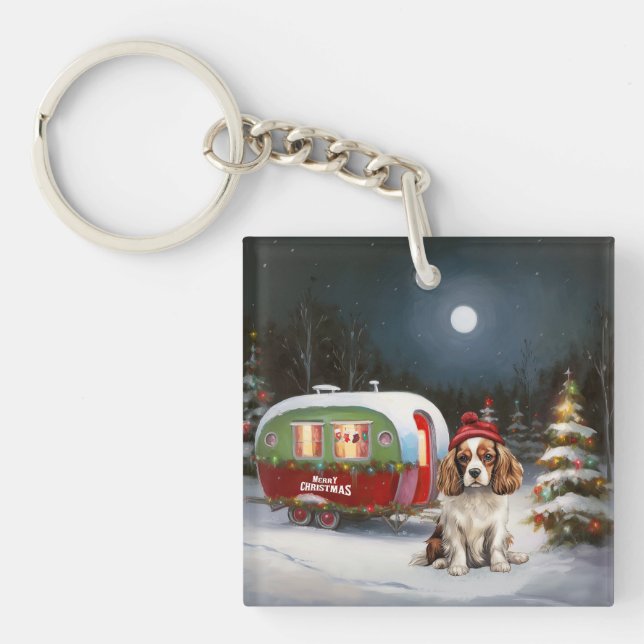 Cavalier King Charles Spaniel Caravan Weihnachten Schlüsselanhänger (Vorderseite)