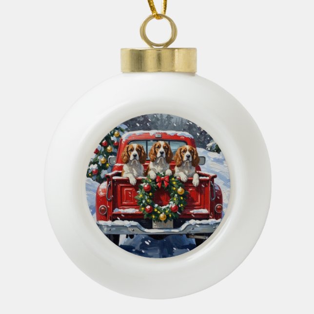 Cavalier King Charles Spaniel Christmas Red Truck Keramik Kugel-Ornament (Vorderseite)