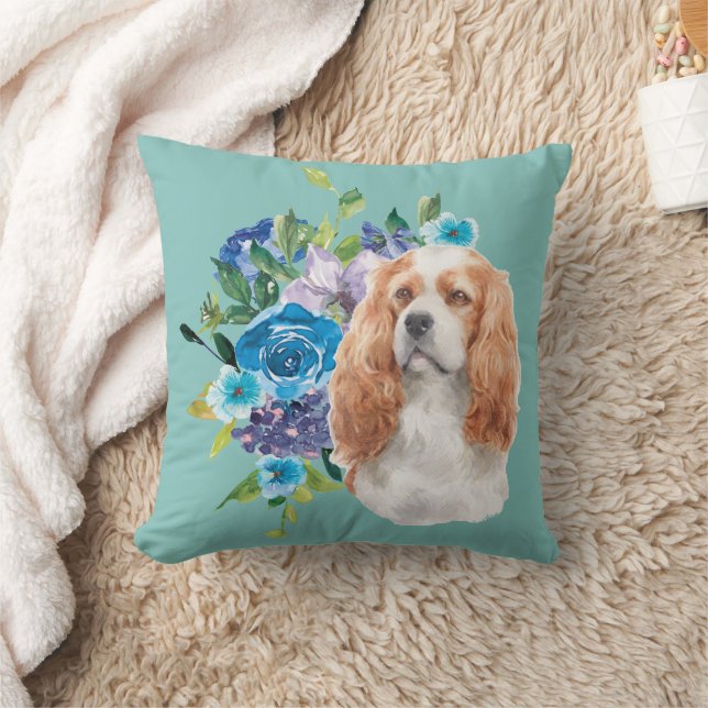 Cavalier King Charles Spaniel Dog Blue Floral Kissen (Decke)