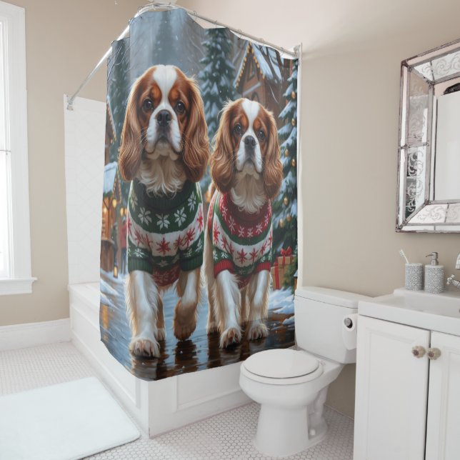 Cavalier King Charles Spaniel Dogs Christmas Snow  Duschvorhang (Beispiel)