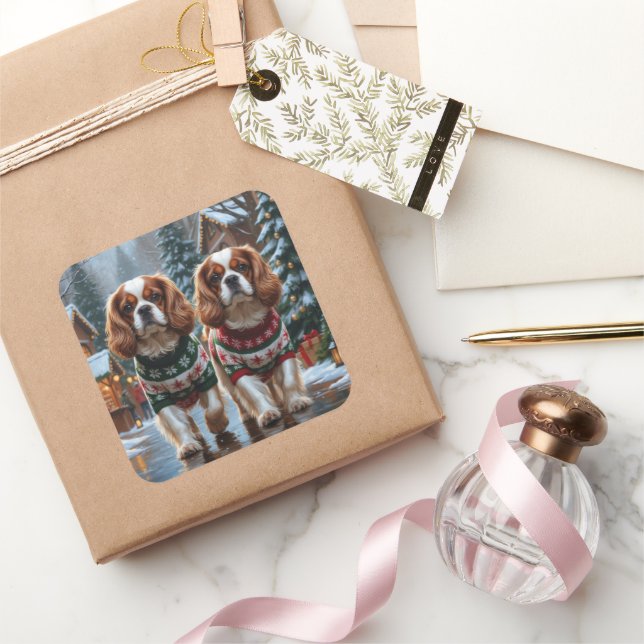 Cavalier King Charles Spaniel Dogs Christmas Snow  Quadratischer Aufkleber (Schenken)