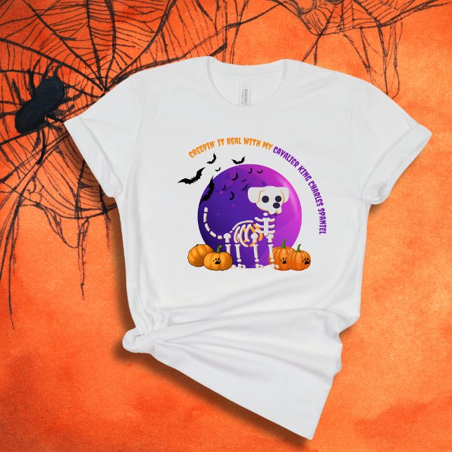 Cavalier King Charles Spaniel Halloween T - Shirt (Spooky Halloween t-shirt with a dog skeleton, full moon, pumpkins, bats, and your favorite dog breed)