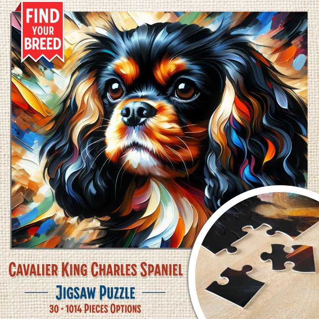 Cavalier King Charles Spaniel Hund Acryl Druck (Black & Tan Cavalier Jigsaw Puzzle. Artistic acrylic style. Available in 30-1014 pieces.)