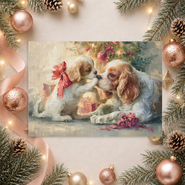 Cavalier King Charles Spaniel Hunde Weihnachten  (Christmas greeting-Cavalier King Charles Spaniel and puppies)