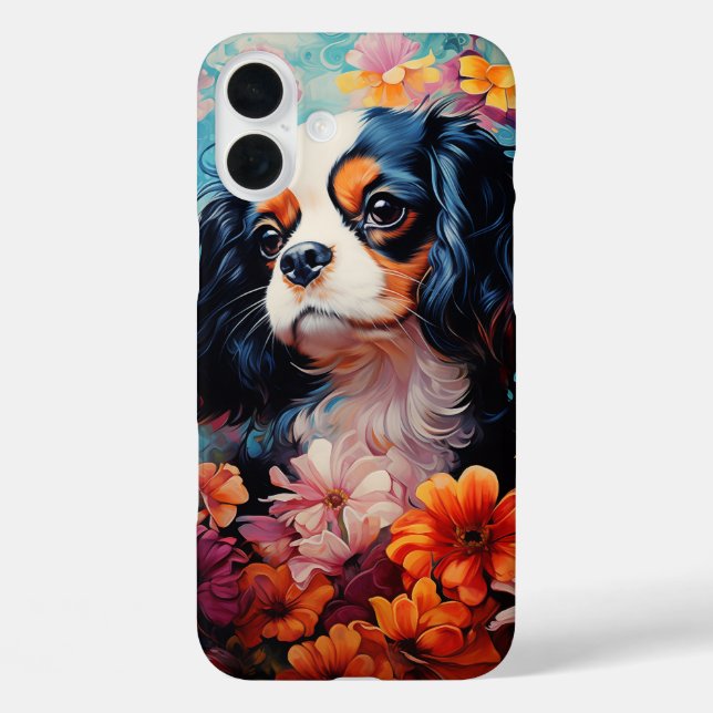 Cavalier King Charles Spaniel in Blume iPhone 16 Plus Hülle (Rückseite)