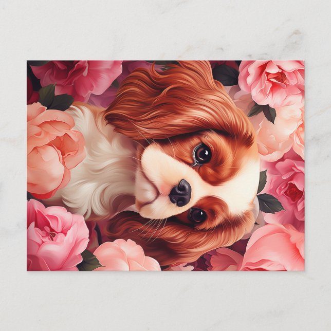 Cavalier King Charles Spaniel in Rose Postkarte (Vorderseite)