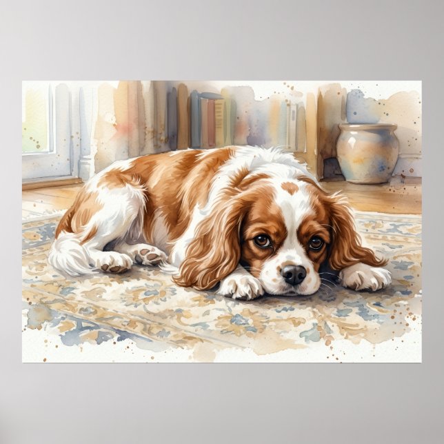 Cavalier King Charles Spaniel Liegt Wasserfarbe Poster (Vorne)