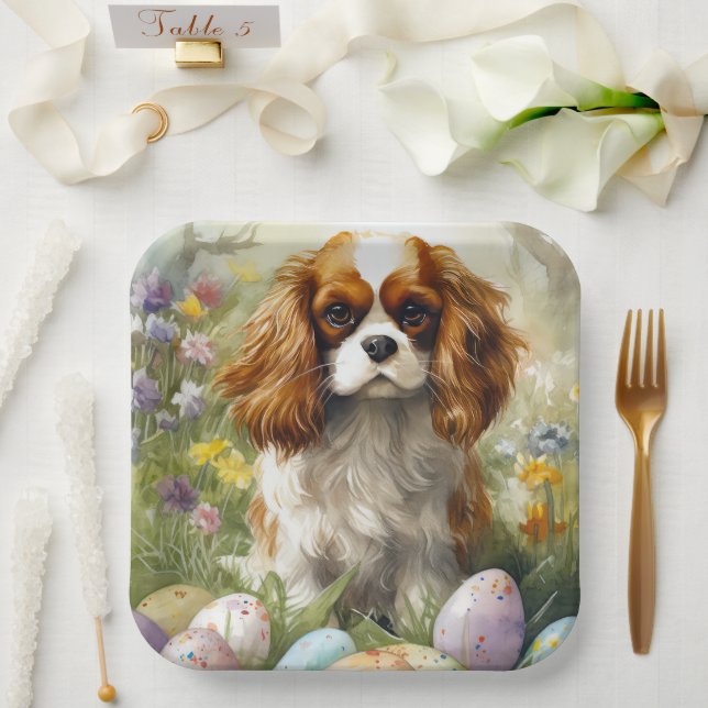 Cavalier King Charles Spaniel mit Ostereiern Pappteller (Hochzeit)