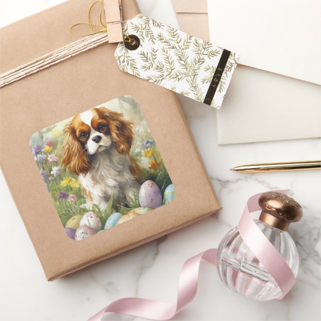 Cavalier King Charles Spaniel mit Ostereiern Quadratischer Aufkleber (Schenken)