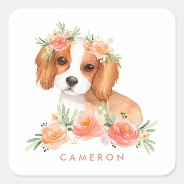Cavalier King Charles Spaniel Orange Floral Custom Quadratischer Aufkleber (Vorderseite)
