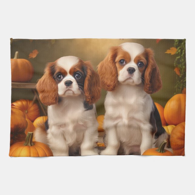Cavalier King Charles Spaniel Puppy Autumn Pumpkin Geschirrtuch (Horizontal)