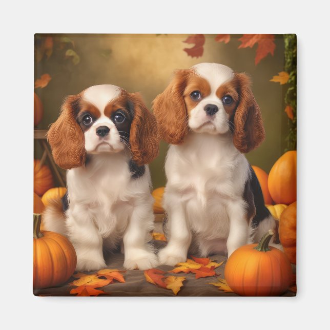 Cavalier King Charles Spaniel Puppy Autumn Pumpkin Magnet (Vorne)