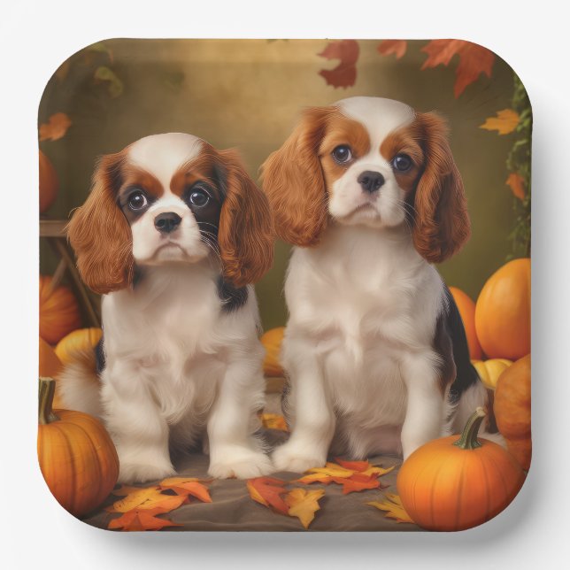 Cavalier King Charles Spaniel Puppy Autumn Pumpkin Pappteller (Vorderseite)