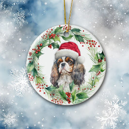 Cavalier King Charles Spaniel Santa Wreath Keramik Ornament