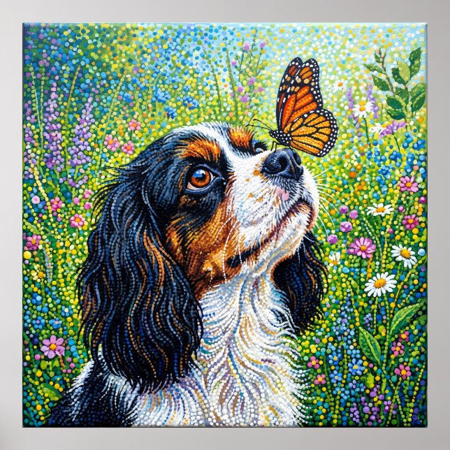 Cavalier King Charles Spaniel Schmetterlingsgarten Poster (Vorne)